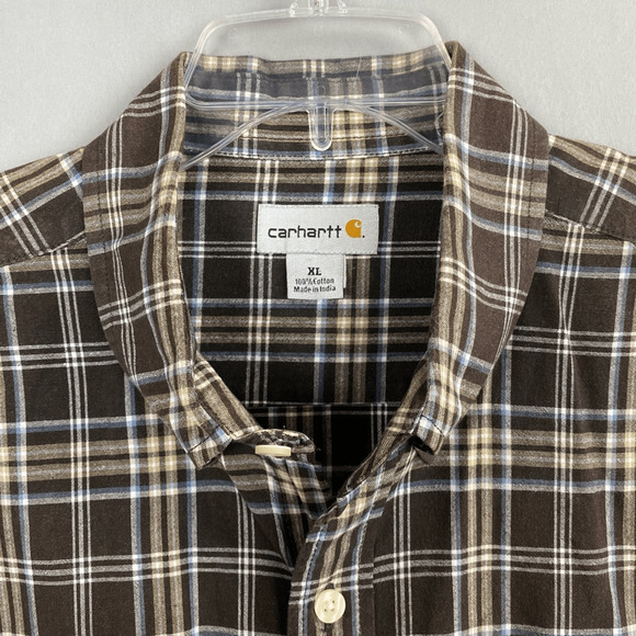 Carhartt Mens Button Down Shirt Short Sleeve Casual Plaid Brown XL - Picture 4 of 7